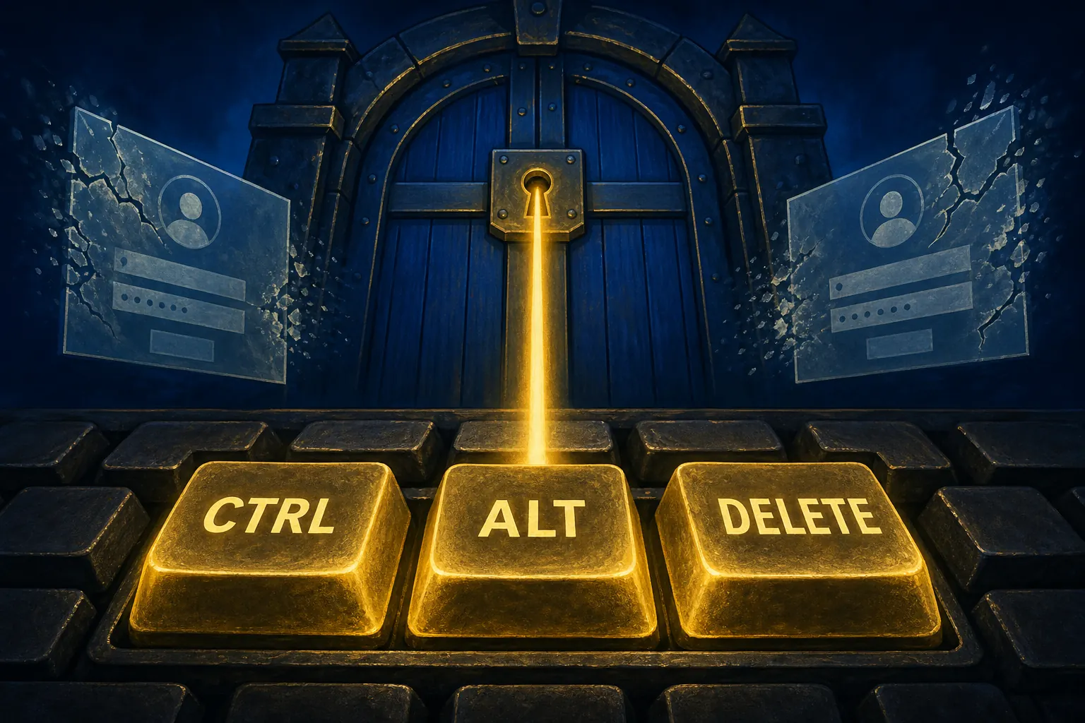 Золотые клавиши Ctrl, Alt и Delete посылают защищённый луч к настоящим вратам winlogon.exe, разрушая два поддельных экрана входа