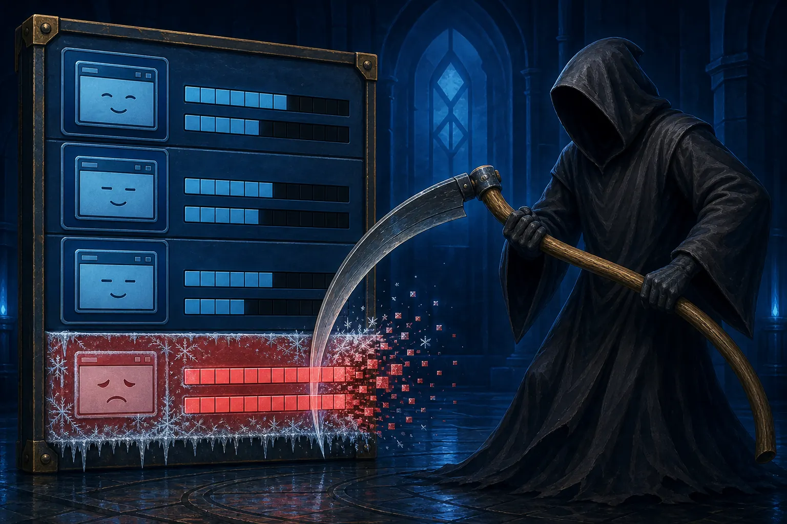 Мрачный Жнец taskmgr.exe косой уничтожает одну замёрзшую красную строку зависшего процесса, не затрагивая остальные программы