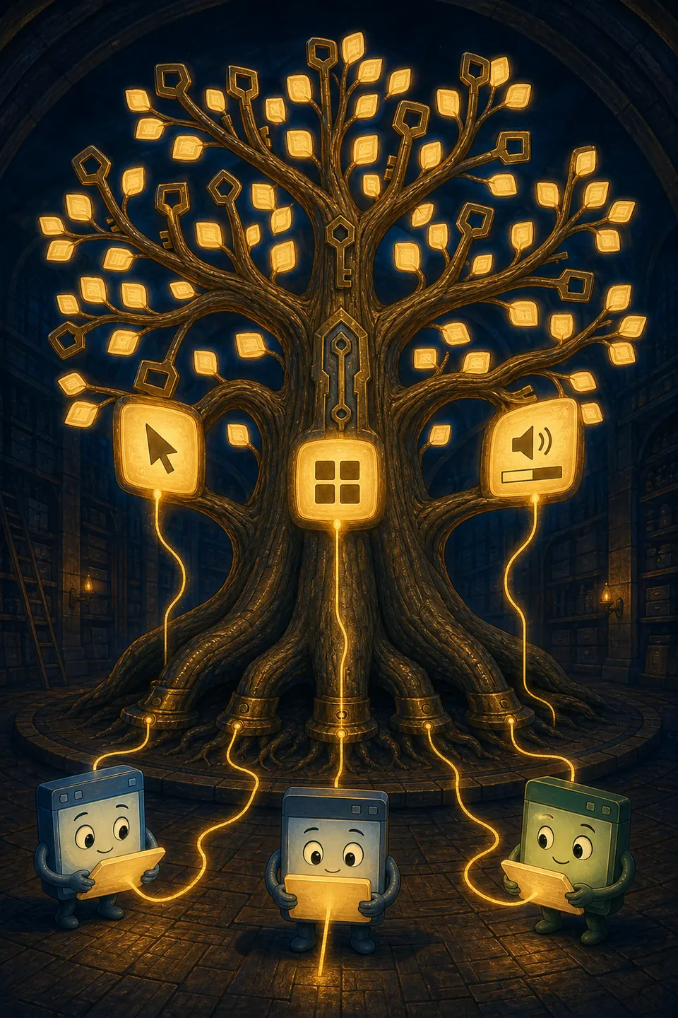 Светящееся Древо Реестра с корнями, ветвями-ключами и листьями-значениями, питающими работающие программы